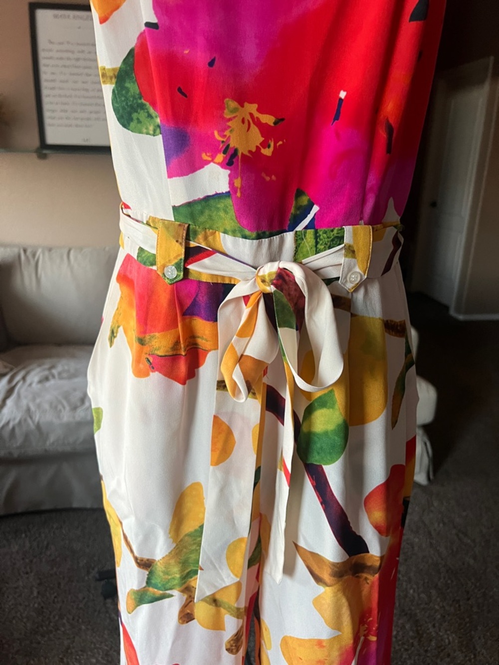 Yumi Kim Silk White Floral Wide-Leg Jumpsuit with Pink, Red & Yellow Print - Picture 3 of 8